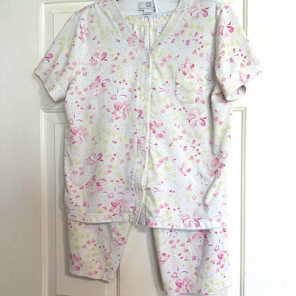 Karen Neuburger Pajama Set Cropped Women L White Pink Floral Button Front